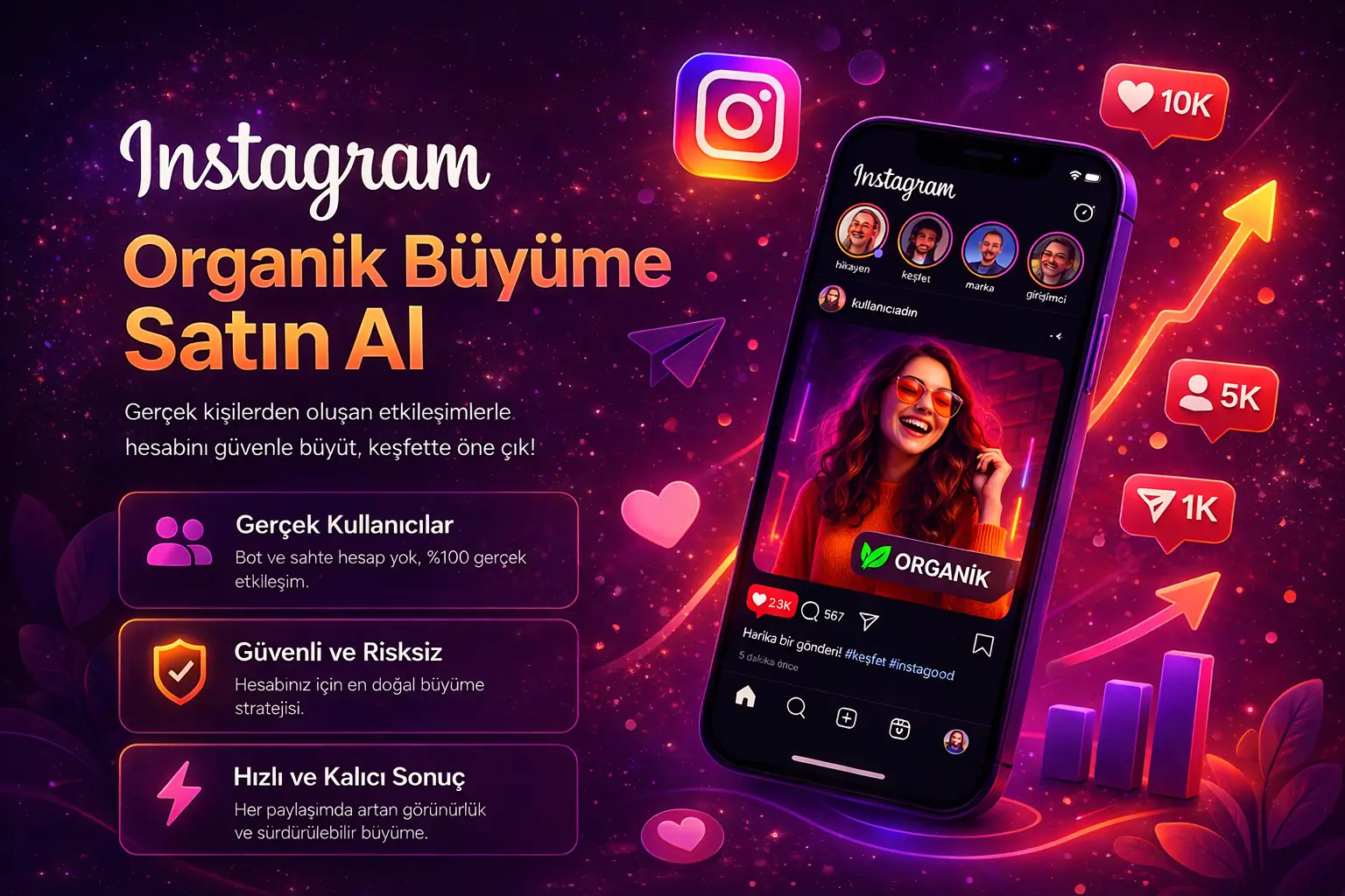 Bu g&ouml;rsel, Instagram organik b&uuml;y&uuml;me satın al hizmetini temsil eder. Ger&ccedil;ek kullanıcı etkileşimleri, g&uuml;venli b&uuml;y&uuml;me stratejisi ve algoritma uyumlu sistem ile hesapların daha fazla g&ouml;r&uuml;n&uuml;rl&uuml;k kazanmasını anlatan modern bir tasarım i&ccedil;erir.