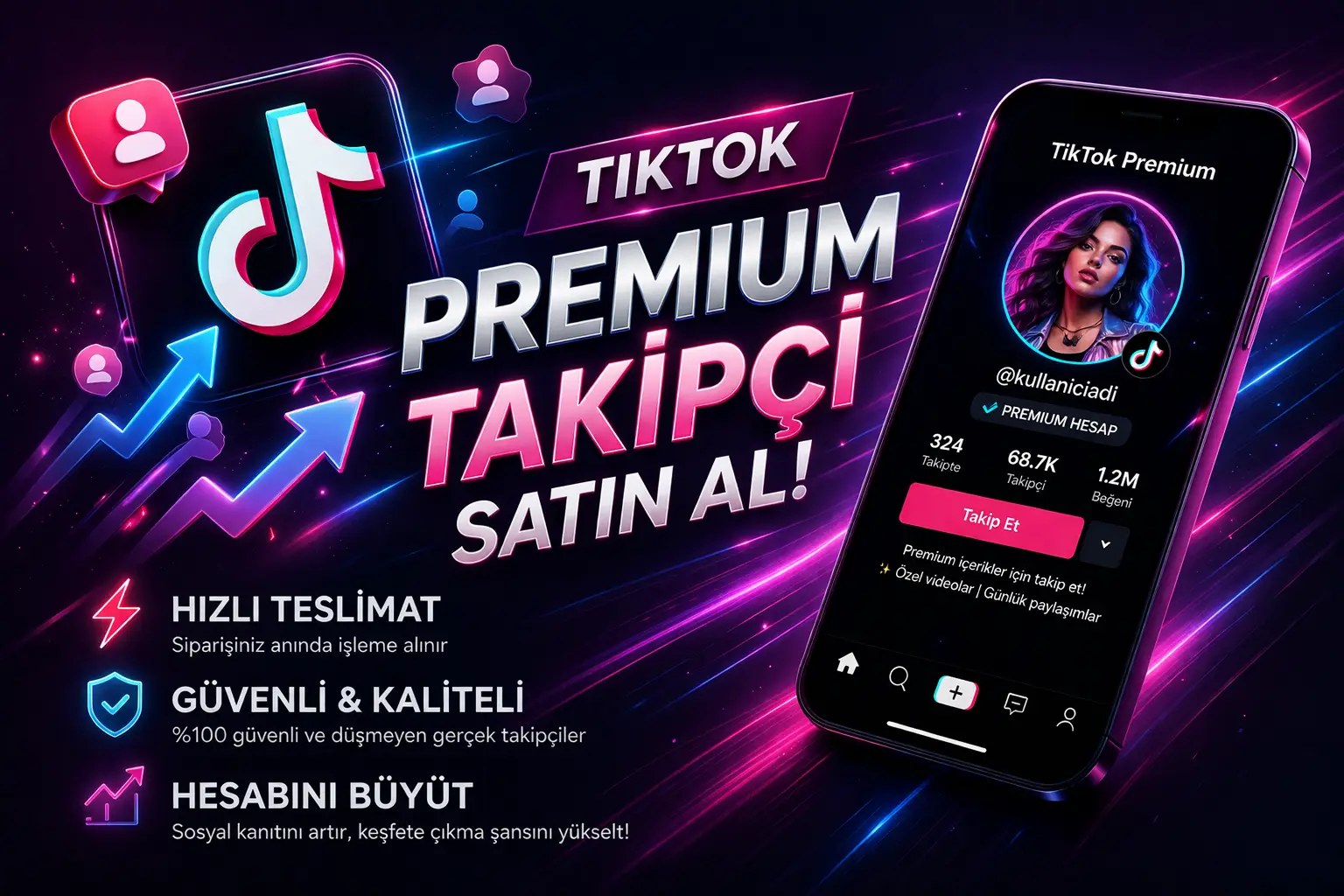 TikTok premium takip&ccedil;i hizmeti ile hesabınızı g&uuml;venli ve profesyonel şekilde b&uuml;y&uuml;t&uuml;n. Ger&ccedil;ek kullanıcı tabanlı takip&ccedil;iler sayesinde i&ccedil;erikleriniz daha fazla kişiye ulaşır ve etkileşiminiz artar.