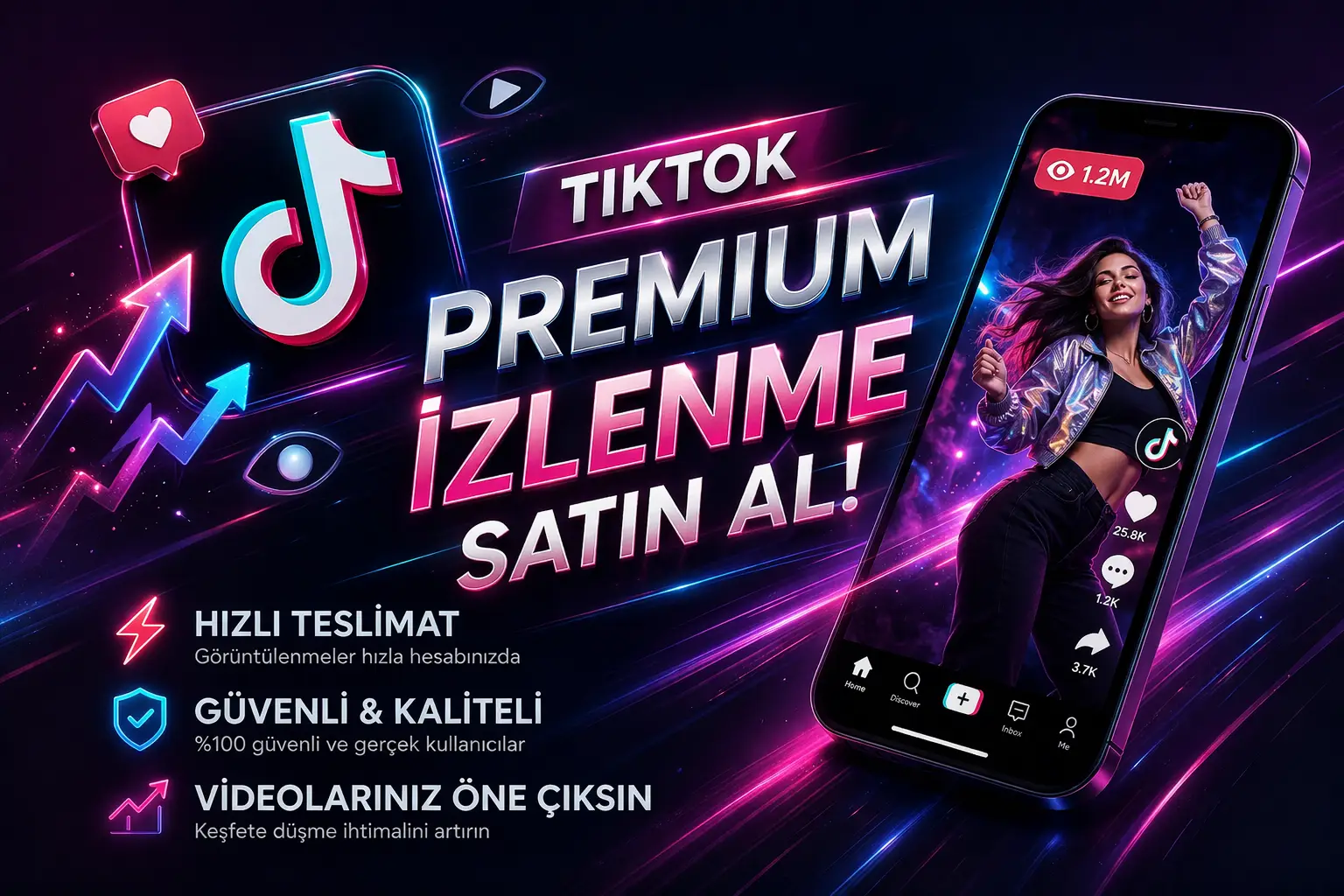 TikTok premium izlenme satın al hizmetini g&ouml;steren g&ouml;rsel; y&uuml;ksek izlenme, etkileşim artışı ve g&uuml;venli b&uuml;y&uuml;me vurgusu ile hazırlanmış profesyonel tasarım